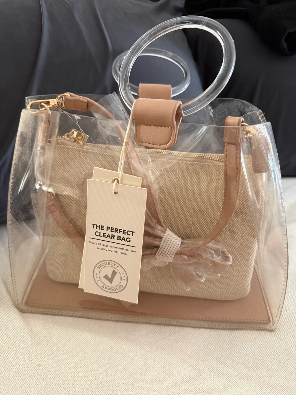 Clear Tote with Beige Canvas Pouch and Tan Trim
